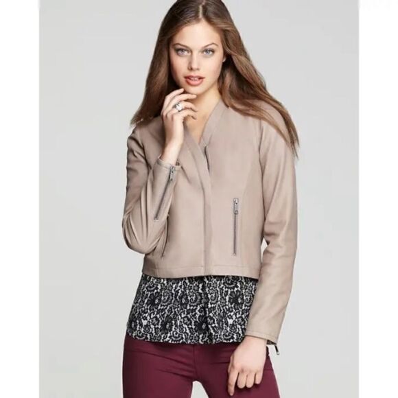 Joie Kellyn Opal Leather Taupe Cream Jacket  Zipper Size M - Picture 3 of 15